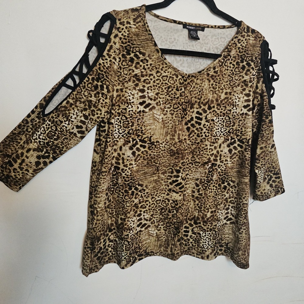 Robert Louis Med Leopard Print Lace Up Peek A‎ Boo Sleeve Scoop Neck Blouse Y2K